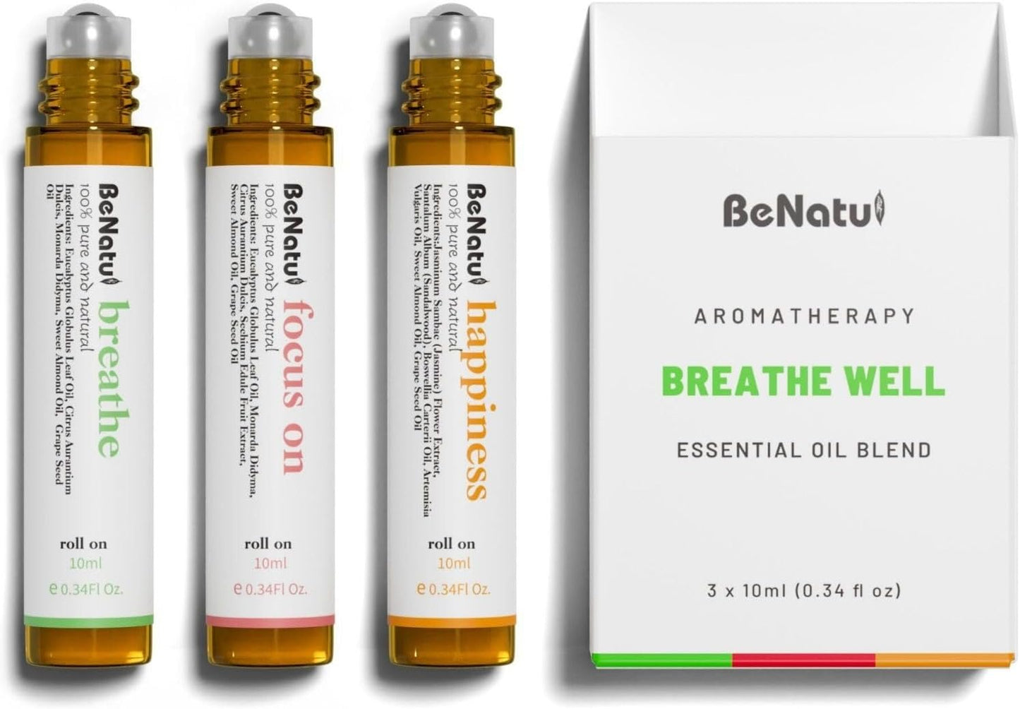 Essential Oil Blends Set (Breathe, Focus On, Happiness), Natural Aromatherapy Roll on for Massage, Body Skin Care, Home - Natural Fragrance Gift Roller for Women and Men