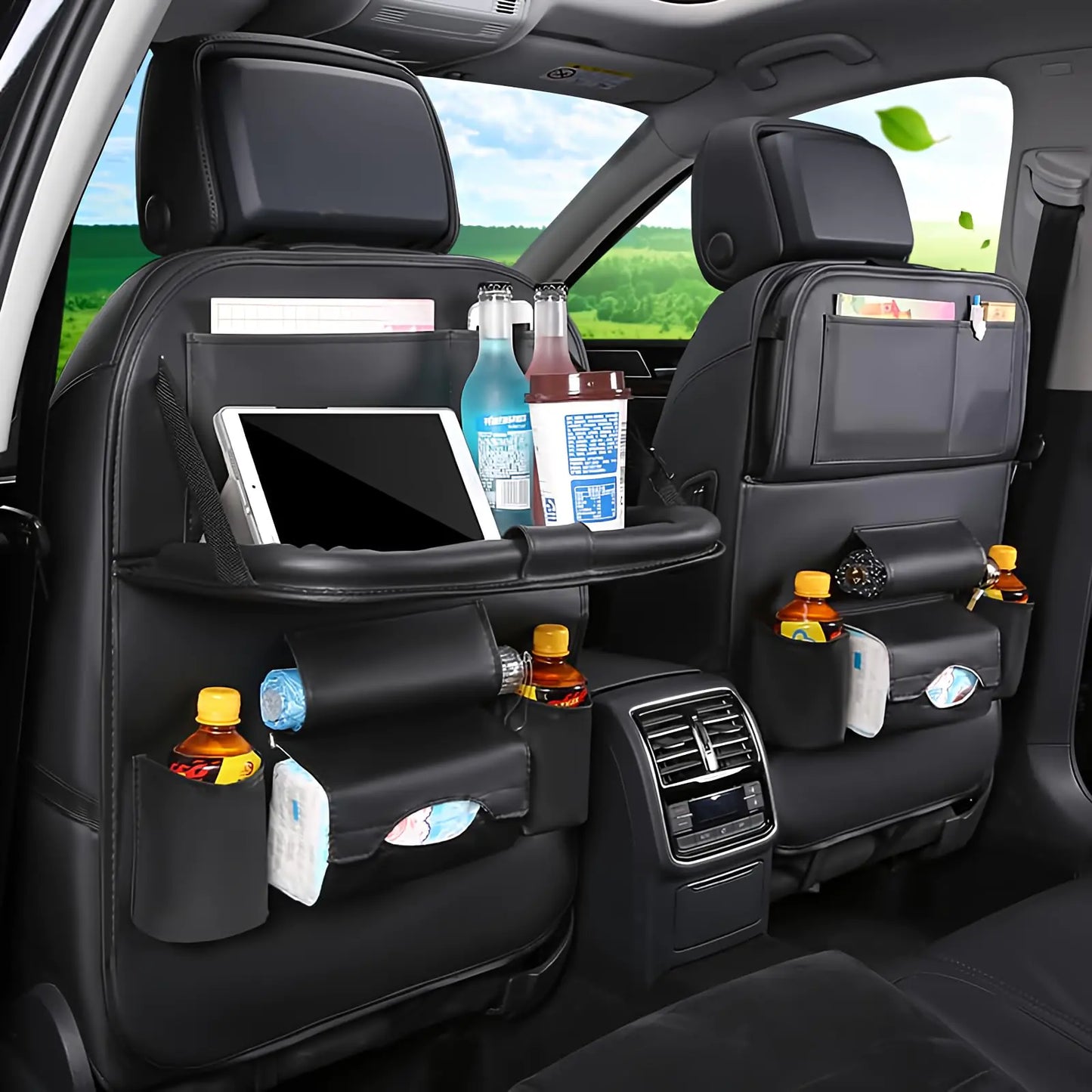 TEDATATA Leather Car Seat Storage Car Seat Back Storage Bag Hanging Bag Back Seat Protector Kick Mats Foldable & Easy Clean with Dining Table+7 Storage Pockets