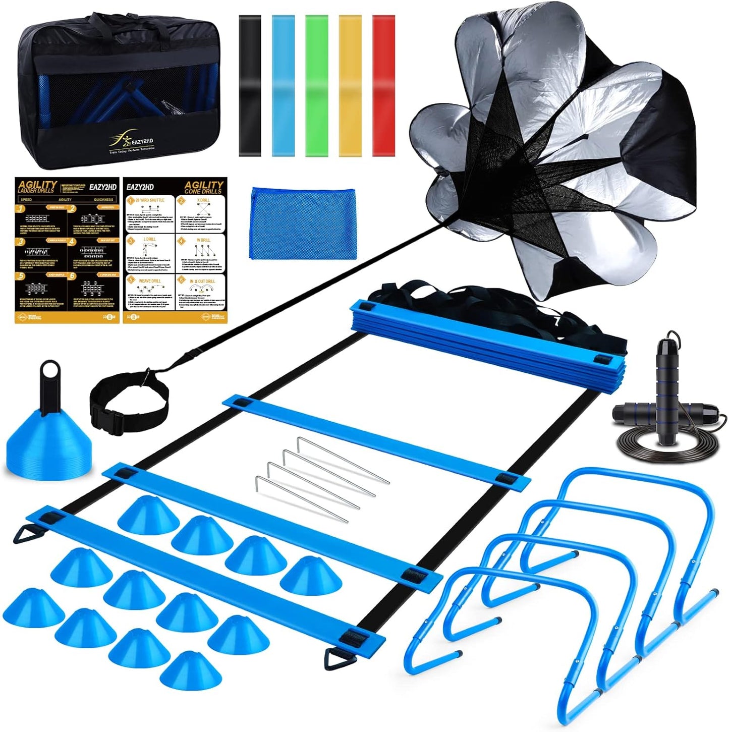 Speed Agility Training Set- Agility Ladder,12 Cones, 4 Adjustable Hurdles,Parachute, Exercise Workout Equipment Boost Fitness & Increase Quick Footwork