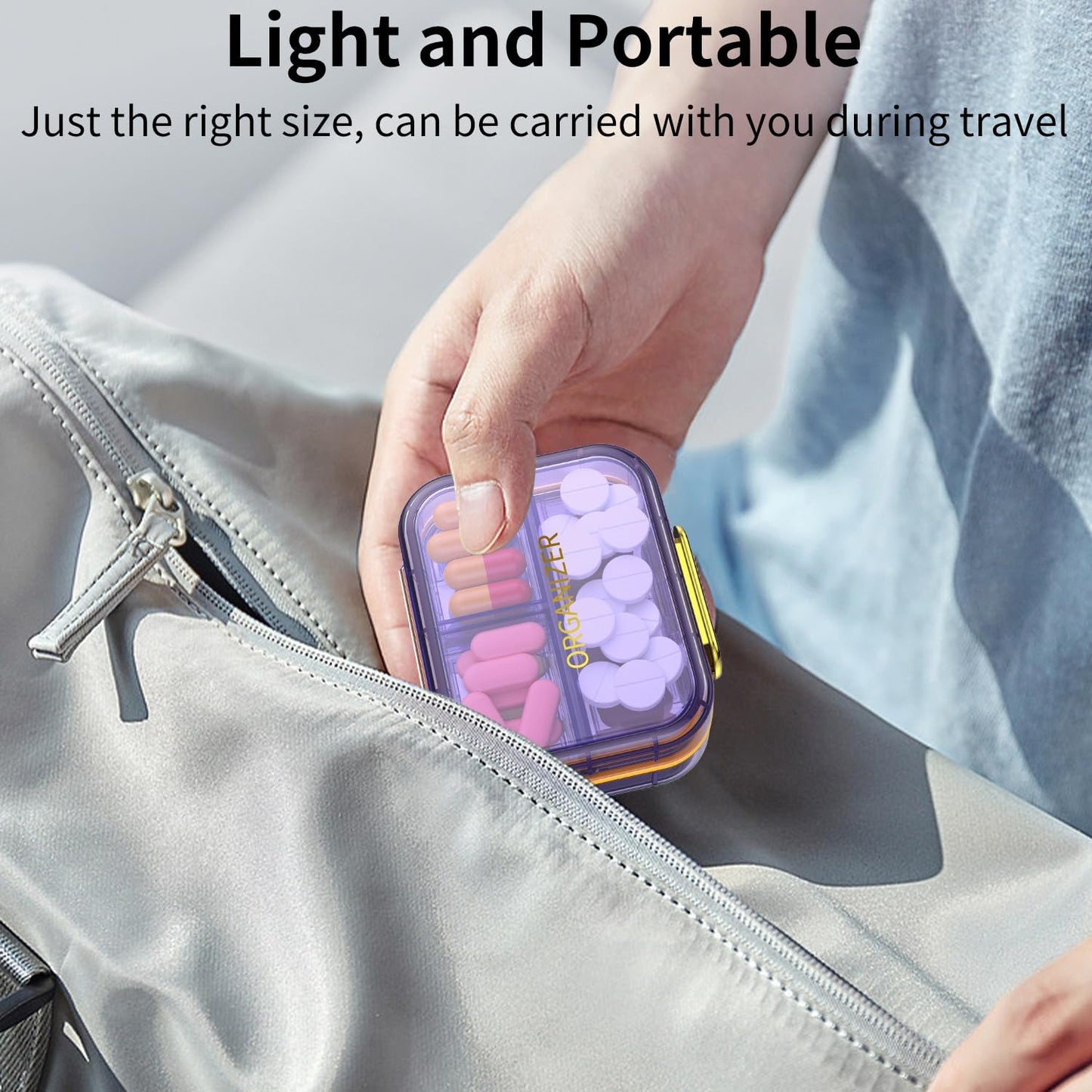 7 Compartment Travel Pill Box, Pill Organizer Moisture Proof Mini Pill Case, Small Pill Box for Pocket Purse, Daily Portable Medicine Vitamin Box, Fish Oil Box, Supplement Box (Purple)