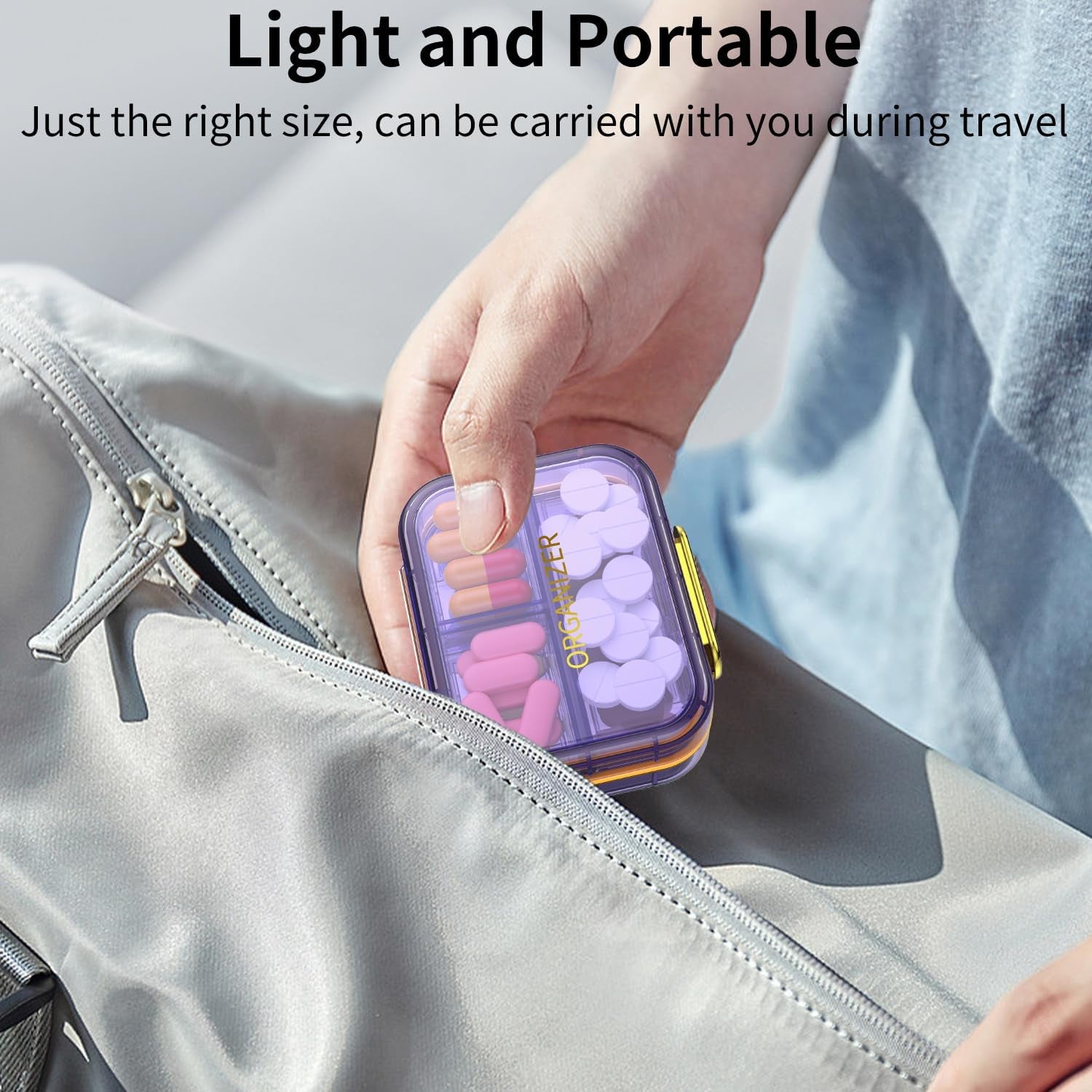 7 Compartment Travel Pill Box, Pill Organizer Moisture Proof Mini Pill Case, Small Pill Box for Pocket Purse, Daily Portable Medicine Vitamin Box, Fish Oil Box, Supplement Box (Purple)