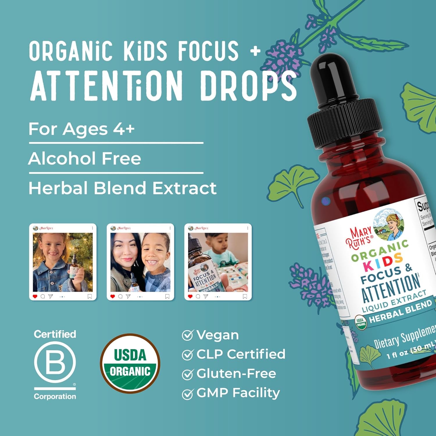 Kids Brain Supplements for Memory and Focus, USDA Organic Drops with Ginkgo Biloba, Rhodiola Root & Licorice Root, Focus & Attention, Calm, Vegan, Non-Gmo, Gluten Free, 30 Servings