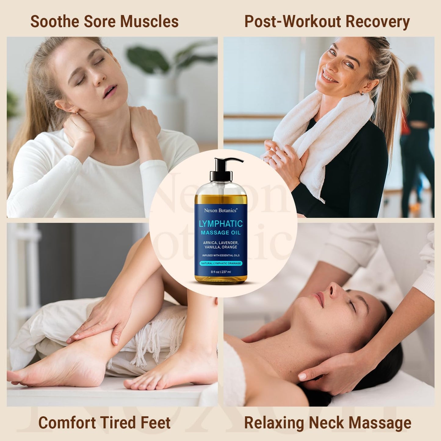 Lymphatic Drainage Massage Oil 8 Fl Oz - Facial Lymphatic Massage - Relaxes Muscles & Reduces Puffiness - Arnica, Lavender, Vanilla & Orange -