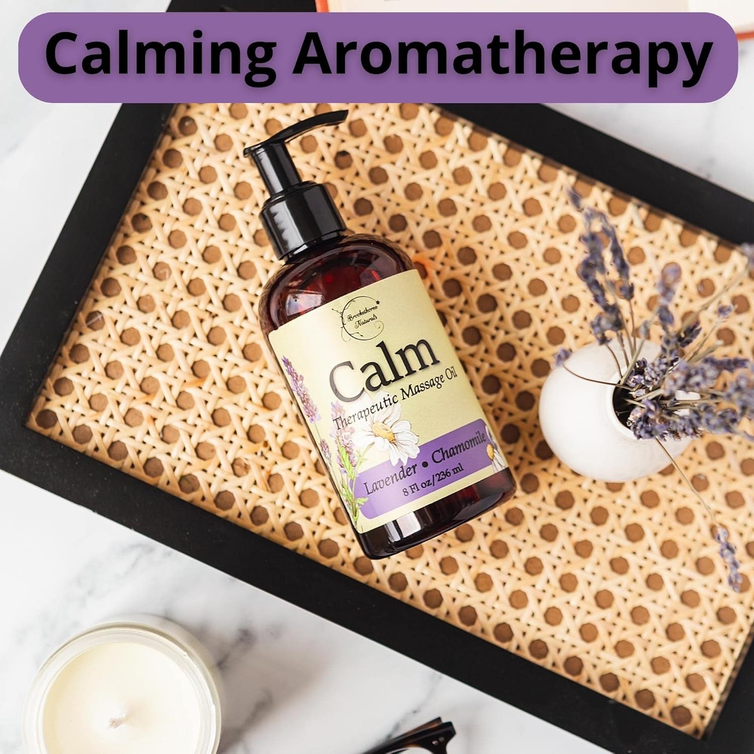 Calm Massage Oil for Massage Therapy with Lavender & Chamomile Essential Oils to Relax Sore Muscles | All Natural with Coconut, Grapeseed & Jojoba for Smooth Skin |  8Oz