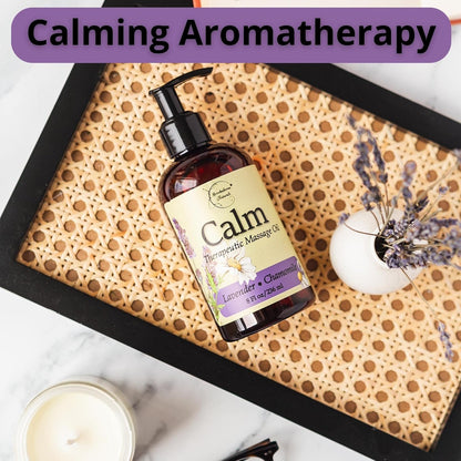 Calm Massage Oil for Massage Therapy with Lavender & Chamomile Essential Oils to Relax Sore Muscles | All Natural with Coconut, Grapeseed & Jojoba for Smooth Skin |  8Oz