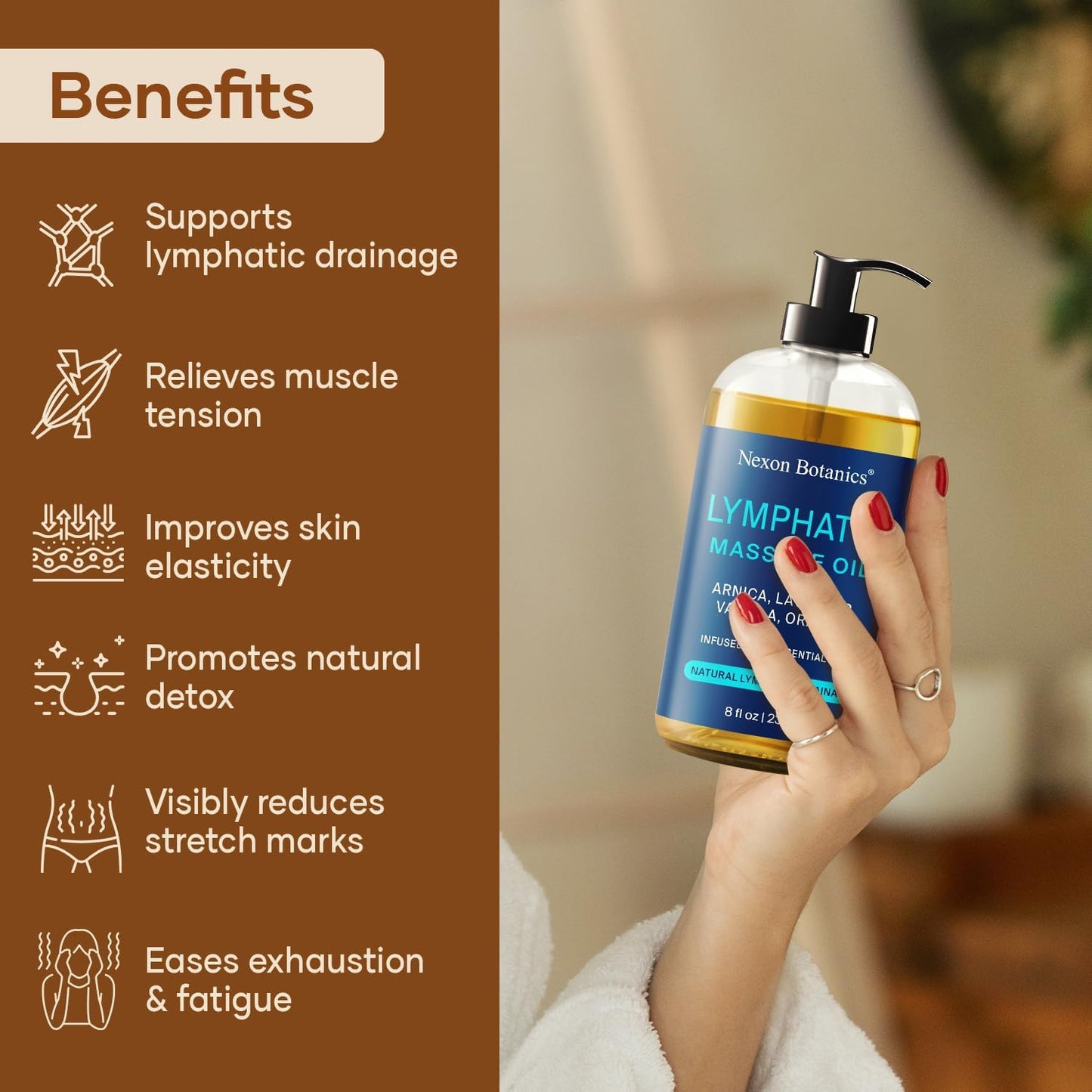 Lymphatic Drainage Massage Oil 8 Fl Oz - Facial Lymphatic Massage - Relaxes Muscles & Reduces Puffiness - Arnica, Lavender, Vanilla & Orange -