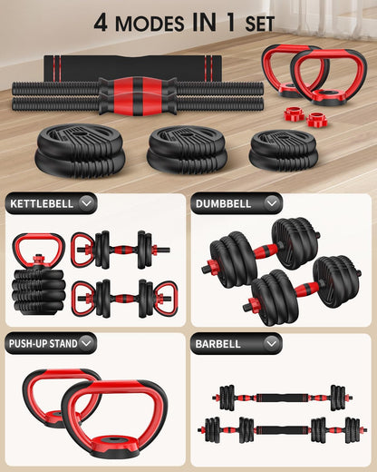 Adjustable Dumbbells, 10/25/35/55/70/90Lbs Free Weight Set with Connector, 4 In1 Dumbbells Set Used as Barbell, Kettlebells, Push up Stand, Fitness Exercises for Home Gym Suitable Men/Women