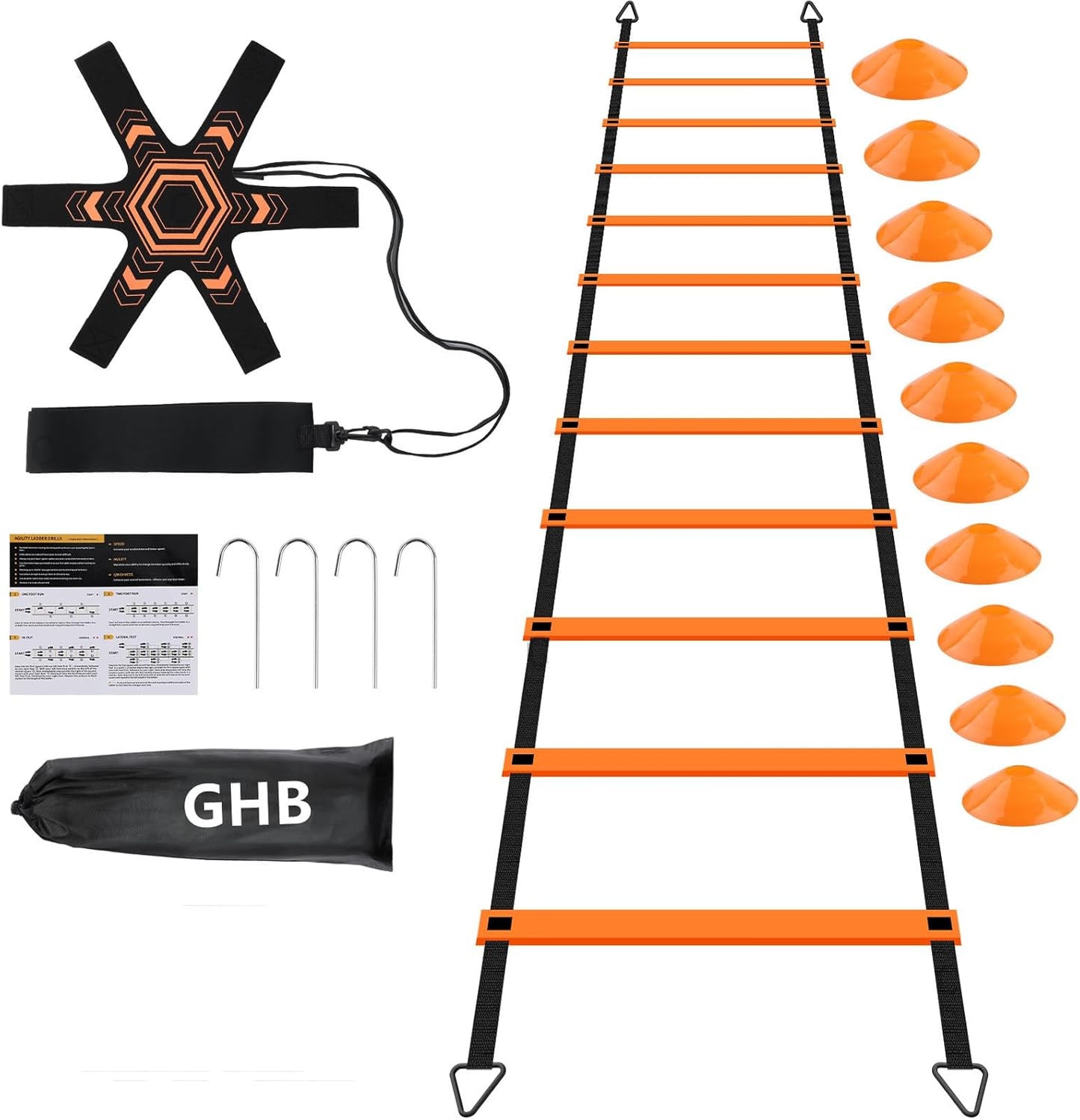 Pro Agility Ladder Soccer Kick Trainer Set 20Ft 12 Rung 10 Cones and 4 Stakes Speed Agility Football Training Equipment with Carrying Bag