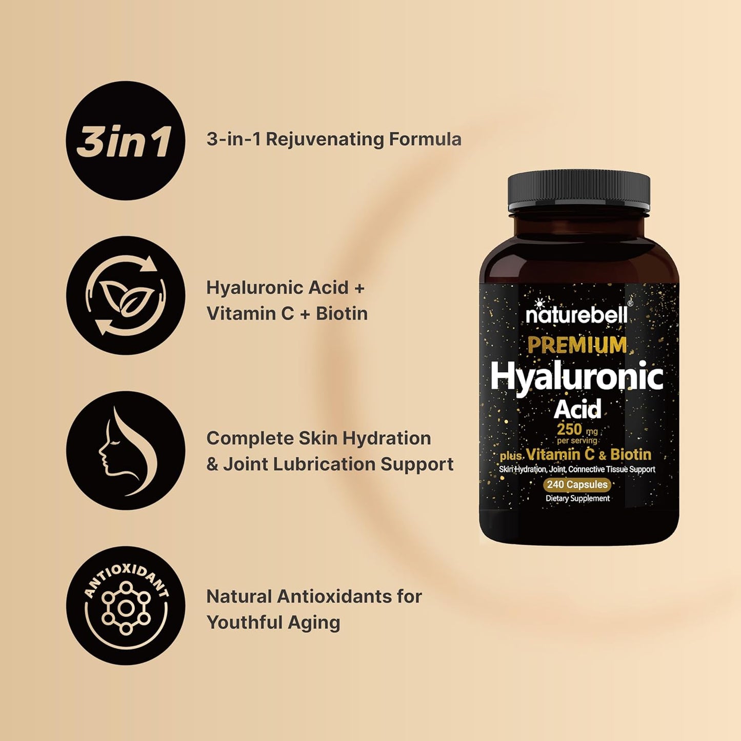 Hyaluronic Acid Supplements 250Mg | 240 Capsules, with Biotin 5000Mcg & Vitamin C 25Mg, 3 in 1 Support - Skin Hydration, Joint Lubrication, Hair and Eye Health