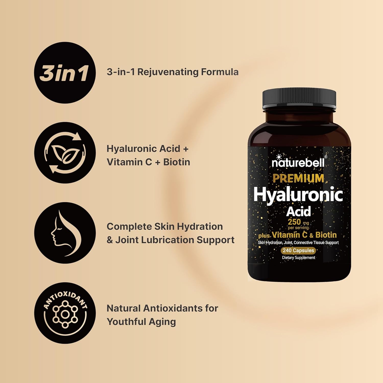 Hyaluronic Acid Supplements 250Mg | 240 Capsules, with Biotin 5000Mcg & Vitamin C 25Mg, 3 in 1 Support - Skin Hydration, Joint Lubrication, Hair and Eye Health