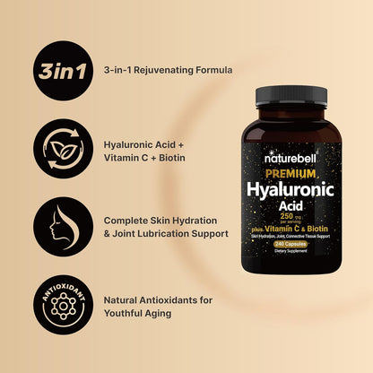 Hyaluronic Acid Supplements 250Mg | 240 Capsules, with Biotin 5000Mcg & Vitamin C 25Mg, 3 in 1 Support - Skin Hydration, Joint Lubrication, Hair and Eye Health