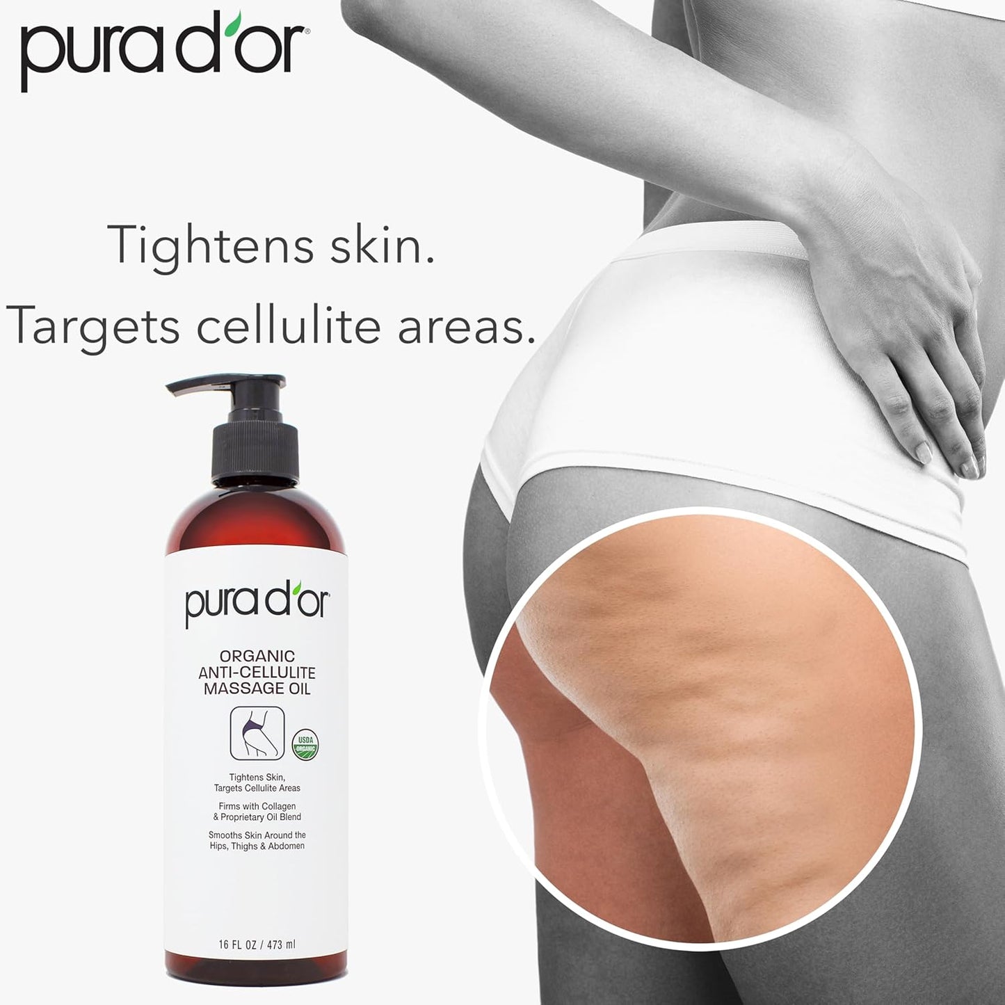 16 Oz Organic Anti-Cellulite Massage Oil - Lemon Peel, Moringa, Grape Seed, Grapefruit & Eucalyptus Oils - Skin Firming & Tightening for Active Individuals & Aging Adults