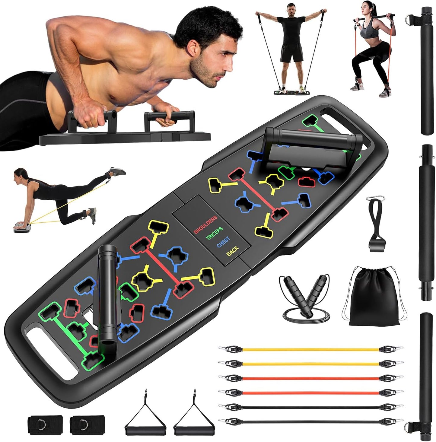 Portable Home Gym Workout Equipment, Push up Board, Pilates Bar & Fitness Accessories with Resistance Bands for Upper Body Strength Training Full Body Workout at Home