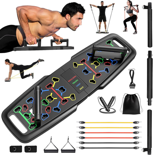Portable Home Gym Workout Equipment, Push up Board, Pilates Bar & Fitness Accessories with Resistance Bands for Upper Body Strength Training Full Body Workout at Home