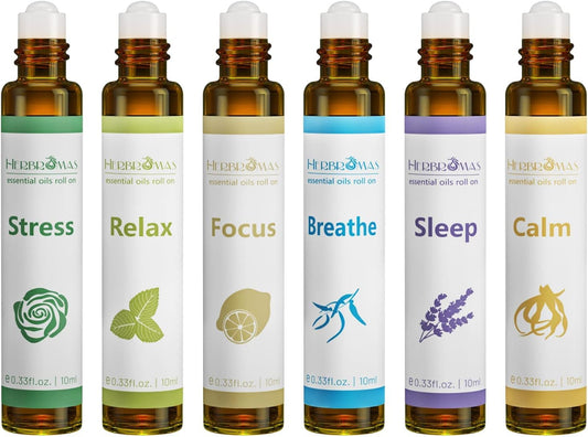 Aromatherapy Essential Oils Roll on Set, Natural Pre-Diluted Blend Oils for Skin Use, Relaxation Gift for Women & Men, Pack 6 X10Ml