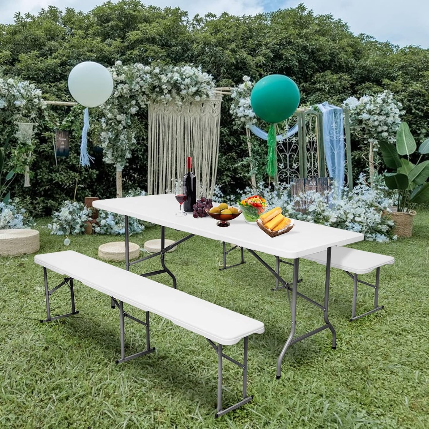 Folding Bench 6 Foot, Plastic Folding Bench Seat Portable Foldable Picnic Party Camping Dining Seat, White Garden Multipurpose Entertaining Activities