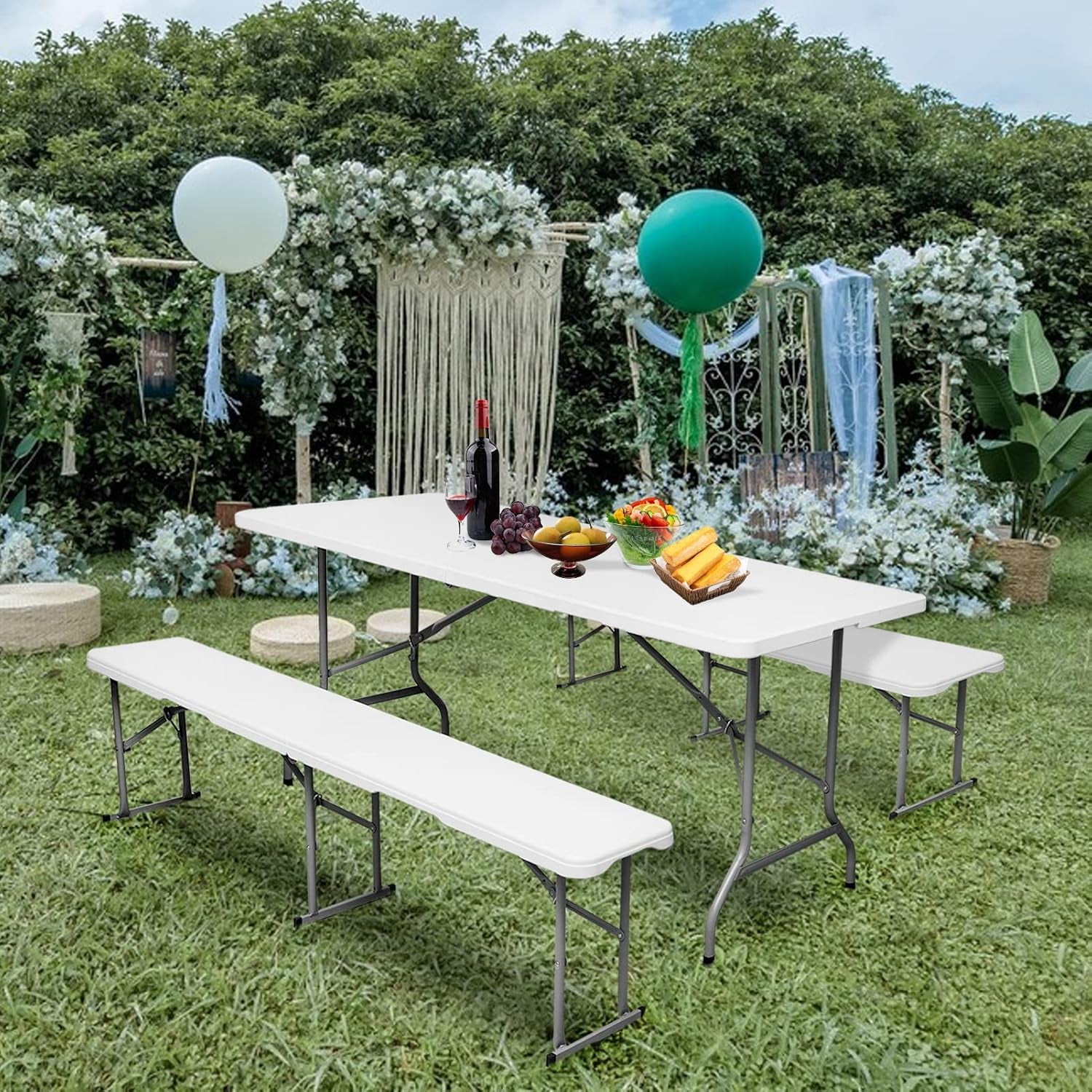 Folding Bench 6 Foot, Plastic Folding Bench Seat Portable Foldable Picnic Party Camping Dining Seat, White Garden Multipurpose Entertaining Activities