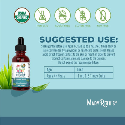 Kids Brain Supplements for Memory and Focus, USDA Organic Drops with Ginkgo Biloba, Rhodiola Root & Licorice Root, Focus & Attention, Calm, Vegan, Non-Gmo, Gluten Free, 30 Servings