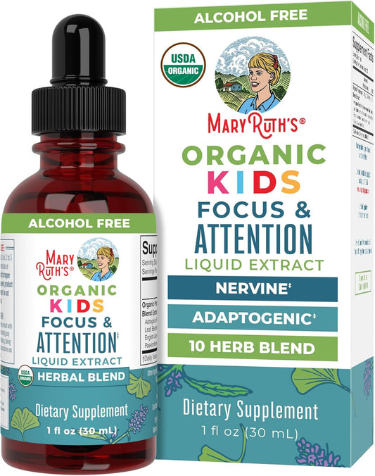 Kids Brain Supplements for Memory and Focus, USDA Organic Drops with Ginkgo Biloba, Rhodiola Root & Licorice Root, Focus & Attention, Calm, Vegan, Non-Gmo, Gluten Free, 30 Servings