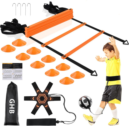 Pro Agility Ladder Soccer Kick Trainer Set 20Ft 12 Rung 10 Cones and 4 Stakes Speed Agility Football Training Equipment with Carrying Bag