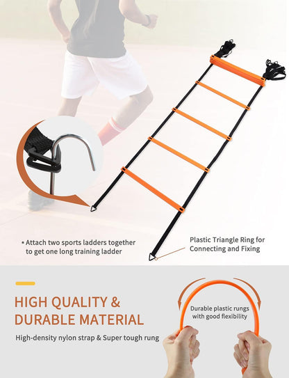 Agility Ladder,Football Training Equipment Set,4 Agility Hurdles, 20 Feet12 Rungs Speed Ladder,12 Disc Cones,Resistance Parachute, Jump Rope, 4 Resistance Bands
