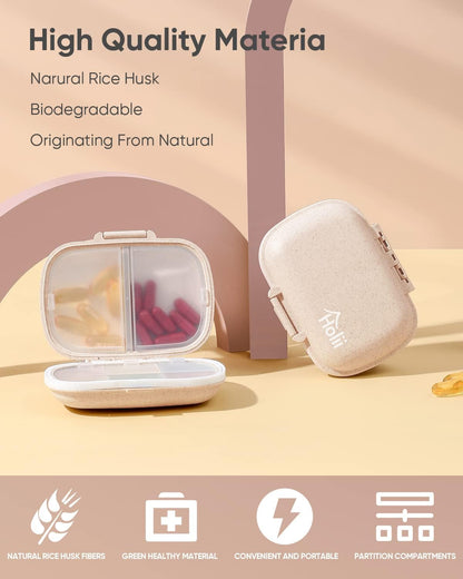 Travel Pill Organizer, 8 Compartments Portable Pill Case, Daily Pill Box to Hold Vitamins, Small Pill Container for Pocket Purse Medicine Organizer（Khaki）