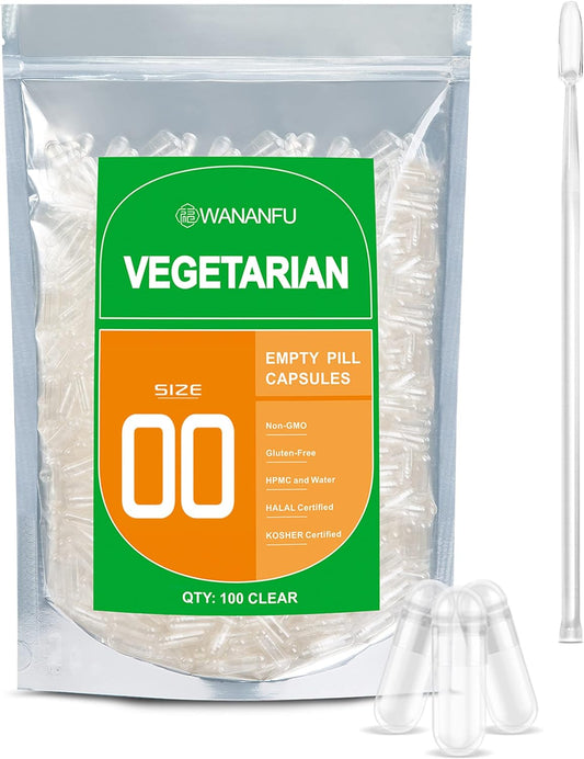 Size 00 Empty Capsules Vegetarian (100 Count) Bundle with Micro Lab Spoon, Clear Fillable Veggie Pill Capsules 00 for Making Your Own Supplements