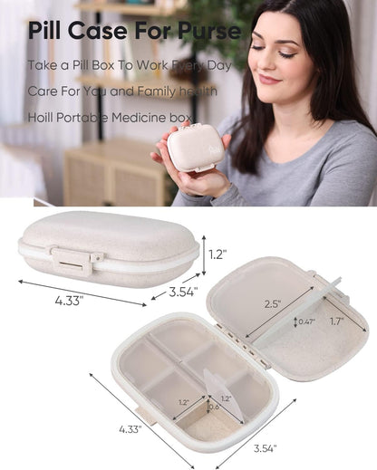 Travel Pill Organizer, 8 Compartments Portable Pill Case, Daily Pill Box to Hold Vitamins, Small Pill Container for Pocket Purse Medicine Organizer（Khaki）