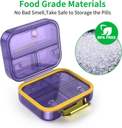 7 Compartment Travel Pill Box, Pill Organizer Moisture Proof Mini Pill Case, Small Pill Box for Pocket Purse, Daily Portable Medicine Vitamin Box, Fish Oil Box, Supplement Box (Purple)