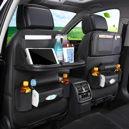 TEDATATA Leather Car Seat Storage Car Seat Back Storage Bag Hanging Bag Back Seat Protector Kick Mats Foldable & Easy Clean with Dining Table+7 Storage Pockets