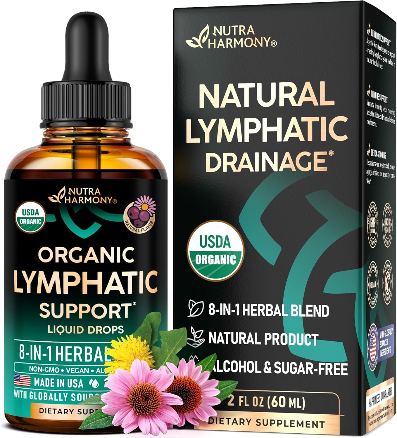 USDA Organic Lymphatic Drainage Supplement - Echinacea | Elderberry | Dandelion | Rosehip | Cleavers | Calendula | Burdock - Made in USA - Lymph System Drops - Immune Support, Cleanse & Detox, 2 Fl Oz
