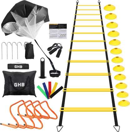 Agility Ladder,Football Training Equipment Set,4 Agility Hurdles, 20 Feet12 Rungs Speed Ladder,12 Disc Cones,Resistance Parachute, Jump Rope, 4 Resistance Bands