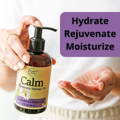 Calm Massage Oil for Massage Therapy with Lavender & Chamomile Essential Oils to Relax Sore Muscles | All Natural with Coconut, Grapeseed & Jojoba for Smooth Skin |  8Oz