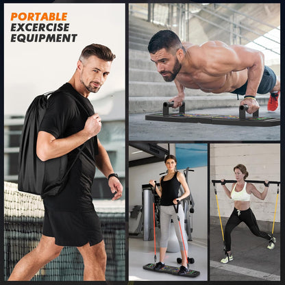 Portable Home Gym Workout Equipment, Push up Board, Pilates Bar & Fitness Accessories with Resistance Bands for Upper Body Strength Training Full Body Workout at Home