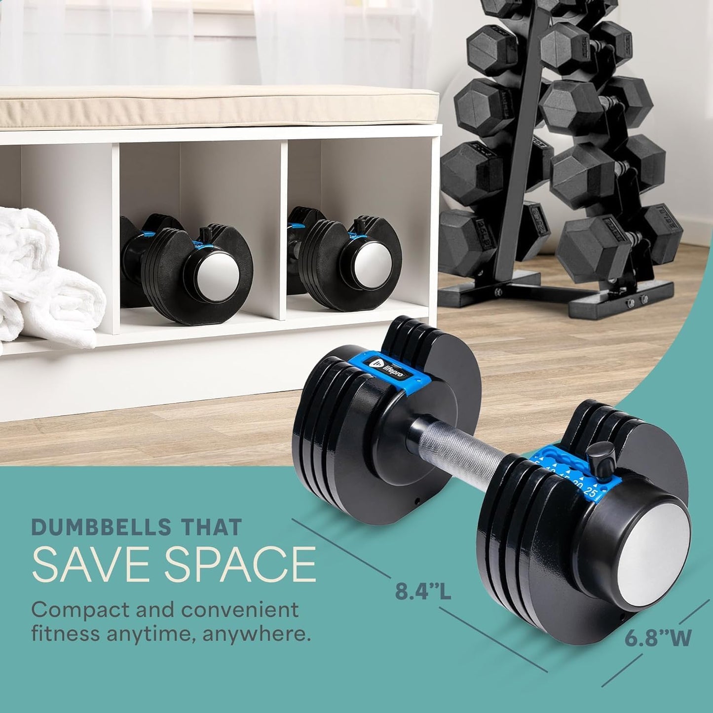 Adjustable Dumbbells Set - 5In1-15Lb 25Lb 43Lb 55Lb Weights Set & Single with Rack - Quick Adjust, Secure Grip - Compact Hand Weights for Men Women Home Gym