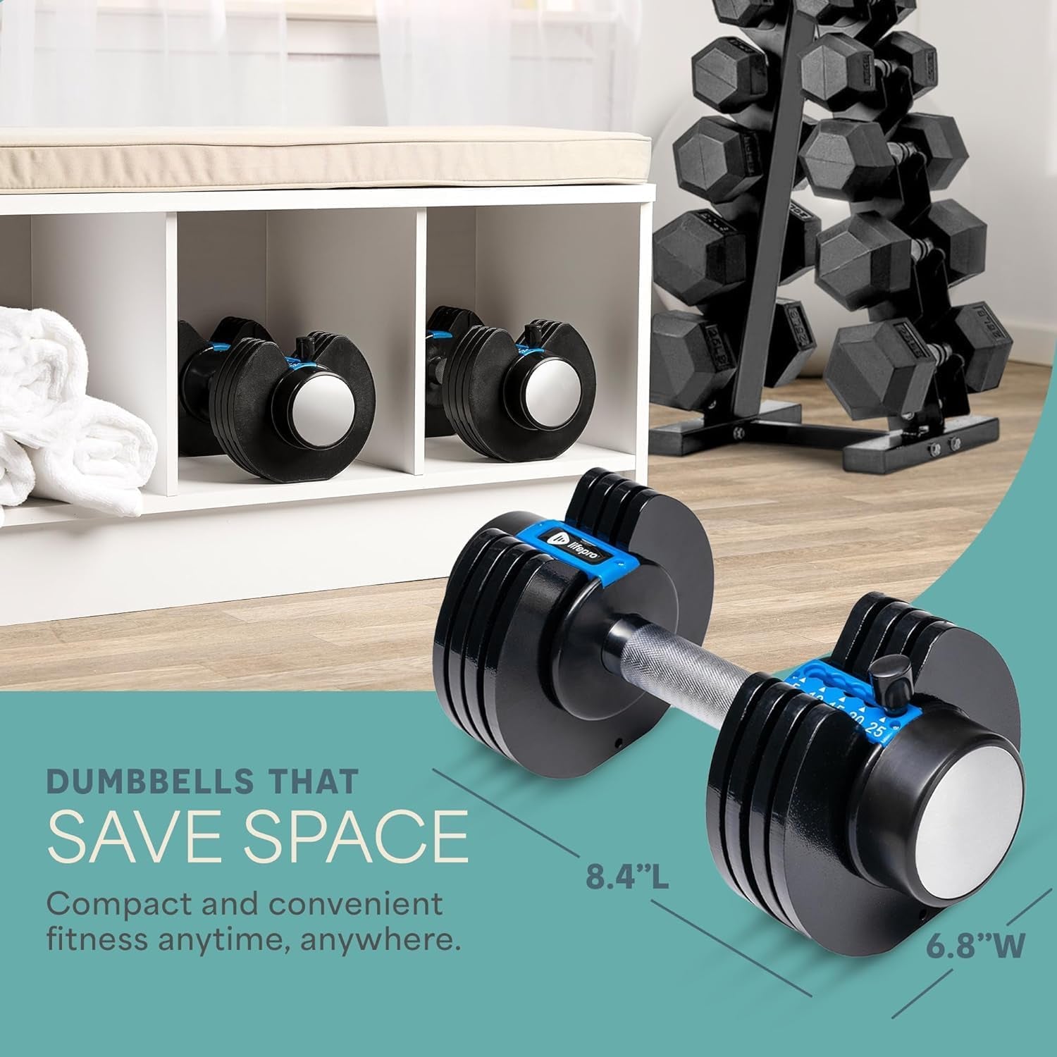 Adjustable Dumbbells Set - 5In1-15Lb 25Lb 43Lb 55Lb Weights Set & Single with Rack - Quick Adjust, Secure Grip - Compact Hand Weights for Men Women Home Gym