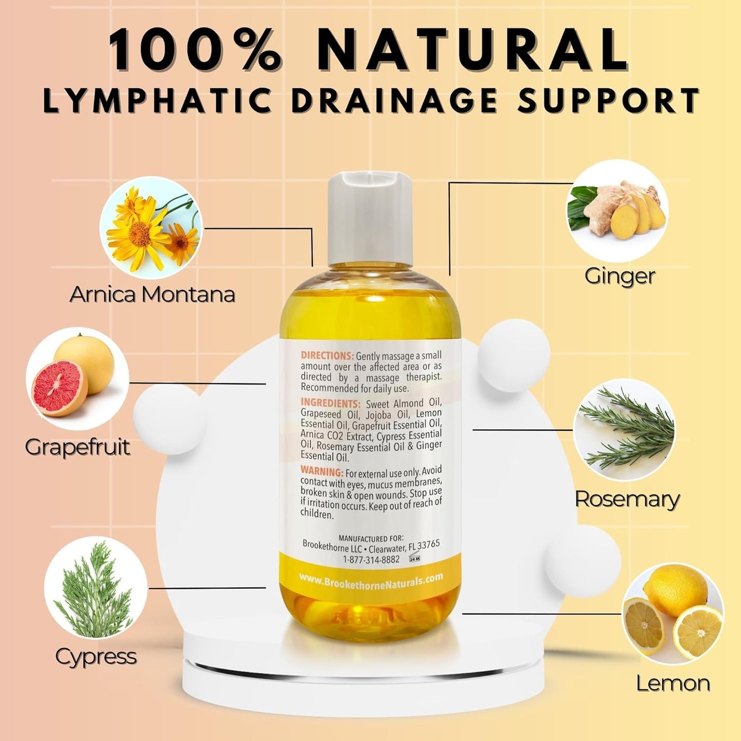 Lymphatic Massage Oil for Massage Therapy | 100% Natural Lymphatic Drainage Oil | Premium Quality with Arnica, Lemon & Ginger | for Post Surgery Recovery & Detox | 8Oz by