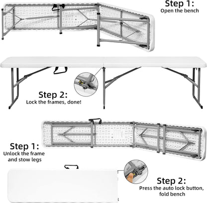 Folding Bench 6 Foot, Plastic Folding Bench Seat Portable Foldable Picnic Party Camping Dining Seat, White Garden Multipurpose Entertaining Activities