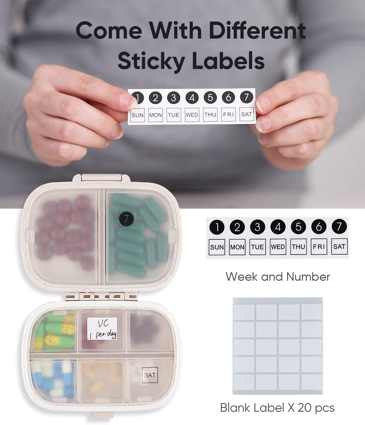 Travel Pill Organizer, 8 Compartments Portable Pill Case, Daily Pill Box to Hold Vitamins, Small Pill Container for Pocket Purse Medicine Organizer（Khaki）