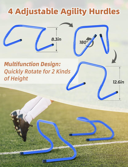 Agility Ladder,Football Training Equipment Set,4 Agility Hurdles, 20 Feet12 Rungs Speed Ladder,12 Disc Cones,Resistance Parachute, Jump Rope, 4 Resistance Bands
