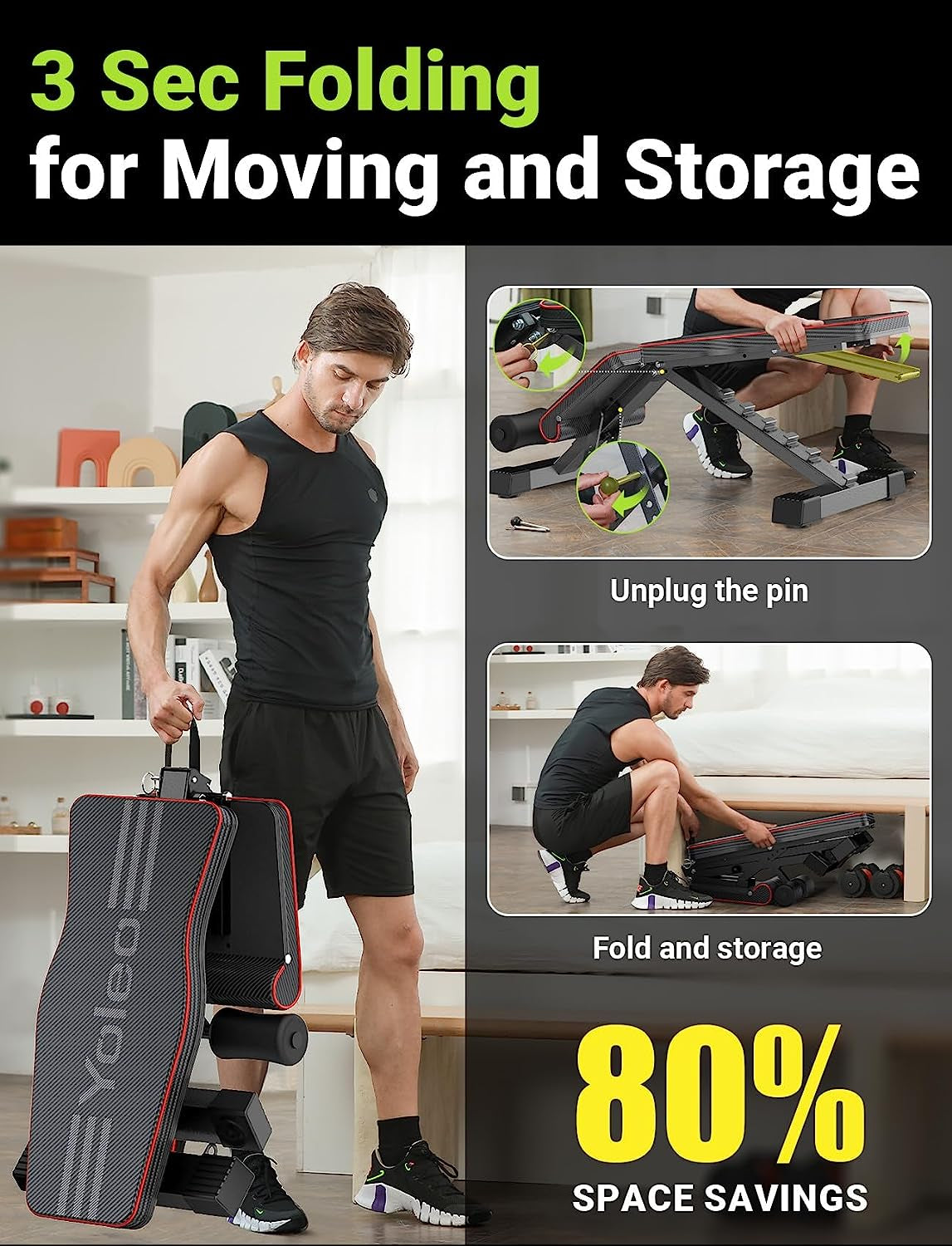 Adjustable Weight Bench for Full Body Workout; Foldable Bench Press Bench of Home Gym Strength Training; Incline Decline Flat Utility Workout Bench with Quick Folding& Fast Adjustment (Black)