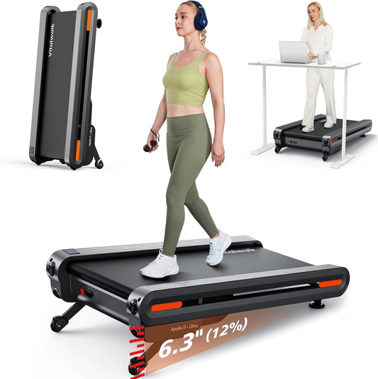 Walking Pad Treadmill with Auto Incline 6 Levels 12% - 18"X43" Wide Full Deck under Desk Treadmill for Home Office, Upright Stand Space-Saving, 350Lbs Capacity Heavy Duty, APP & Double Frame