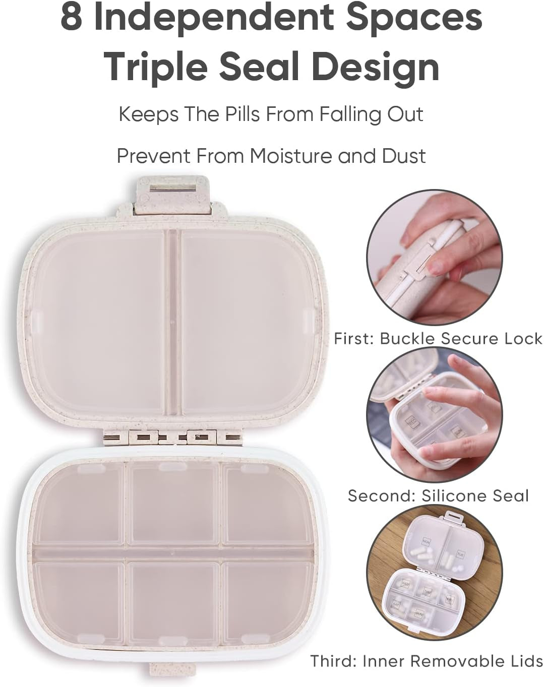 Travel Pill Organizer, 8 Compartments Portable Pill Case, Daily Pill Box to Hold Vitamins, Small Pill Container for Pocket Purse Medicine Organizer（Khaki）