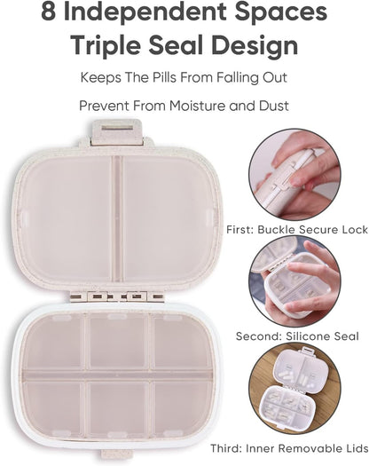 Travel Pill Organizer, 8 Compartments Portable Pill Case, Daily Pill Box to Hold Vitamins, Small Pill Container for Pocket Purse Medicine Organizer（Khaki）