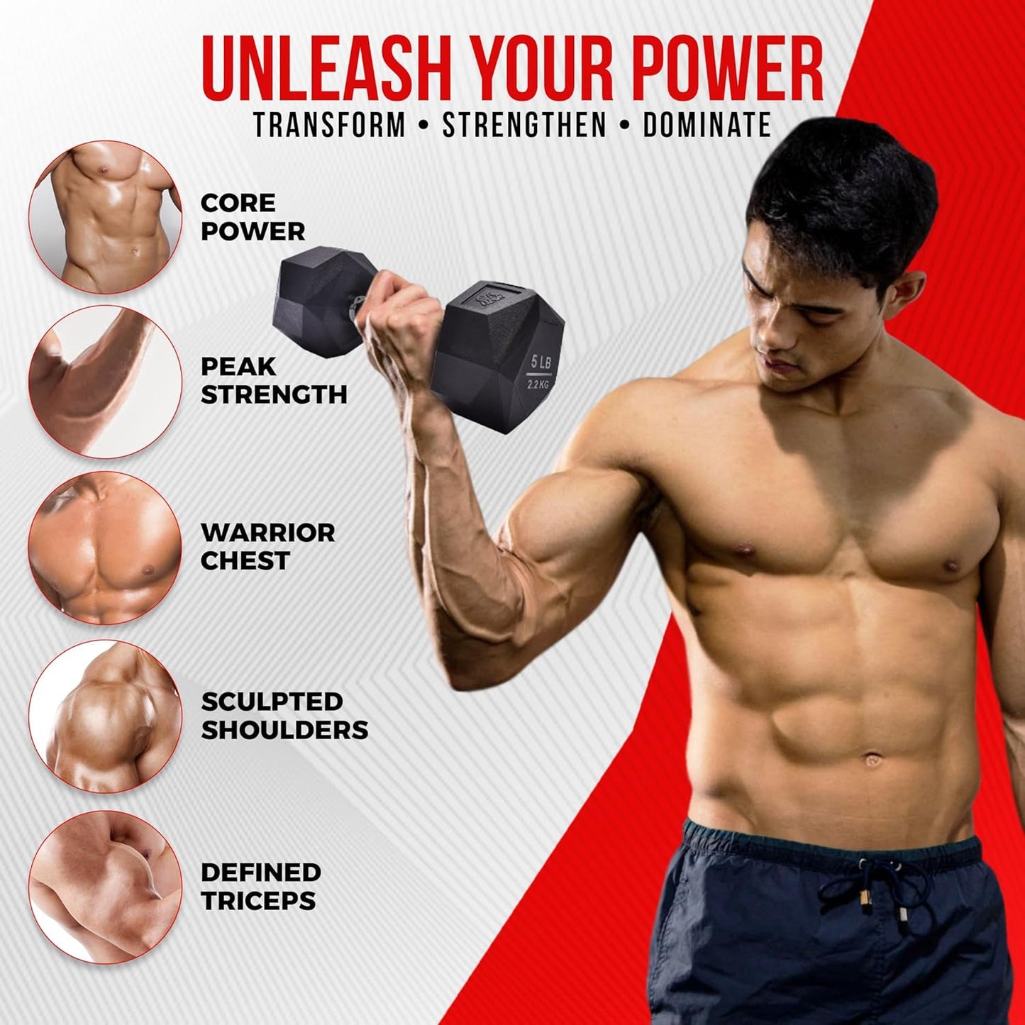 Prism Dumbbell for Strength Training - 5 Lb to 70 Lb Rubber Encased Cast Iron for Gym and Home Workout by