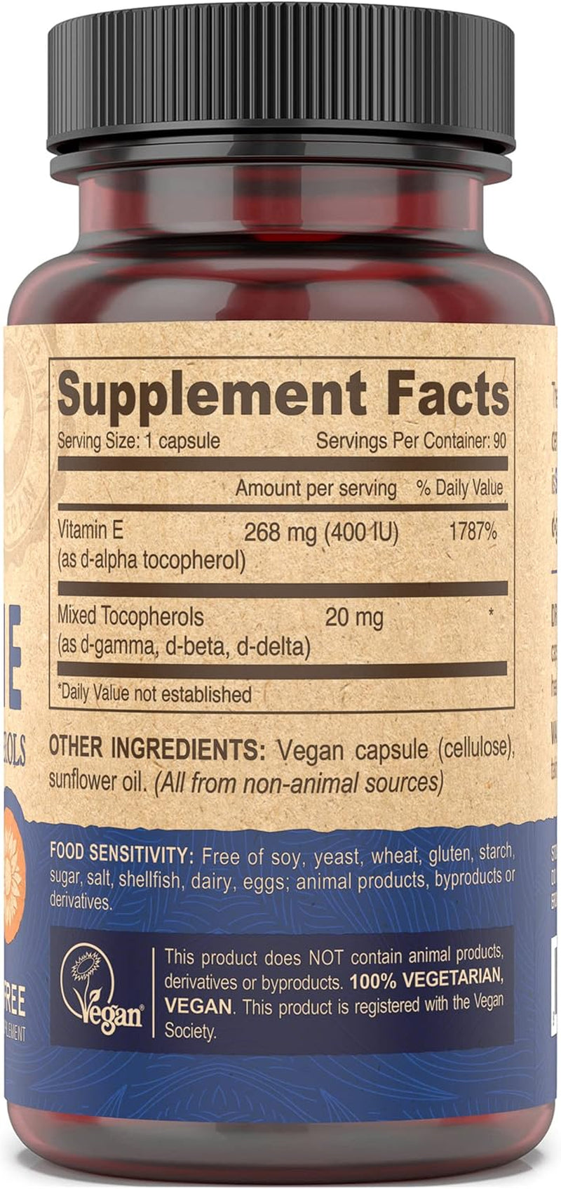 Vegan Vitamins Natural Vitamin E 400IU with Mixed Tocopherols, Supports Immune System & Skin Nutrition, Natural Antioxidant & Gluten Free, Dairy Free, Non-Gmo, 90 Capsules