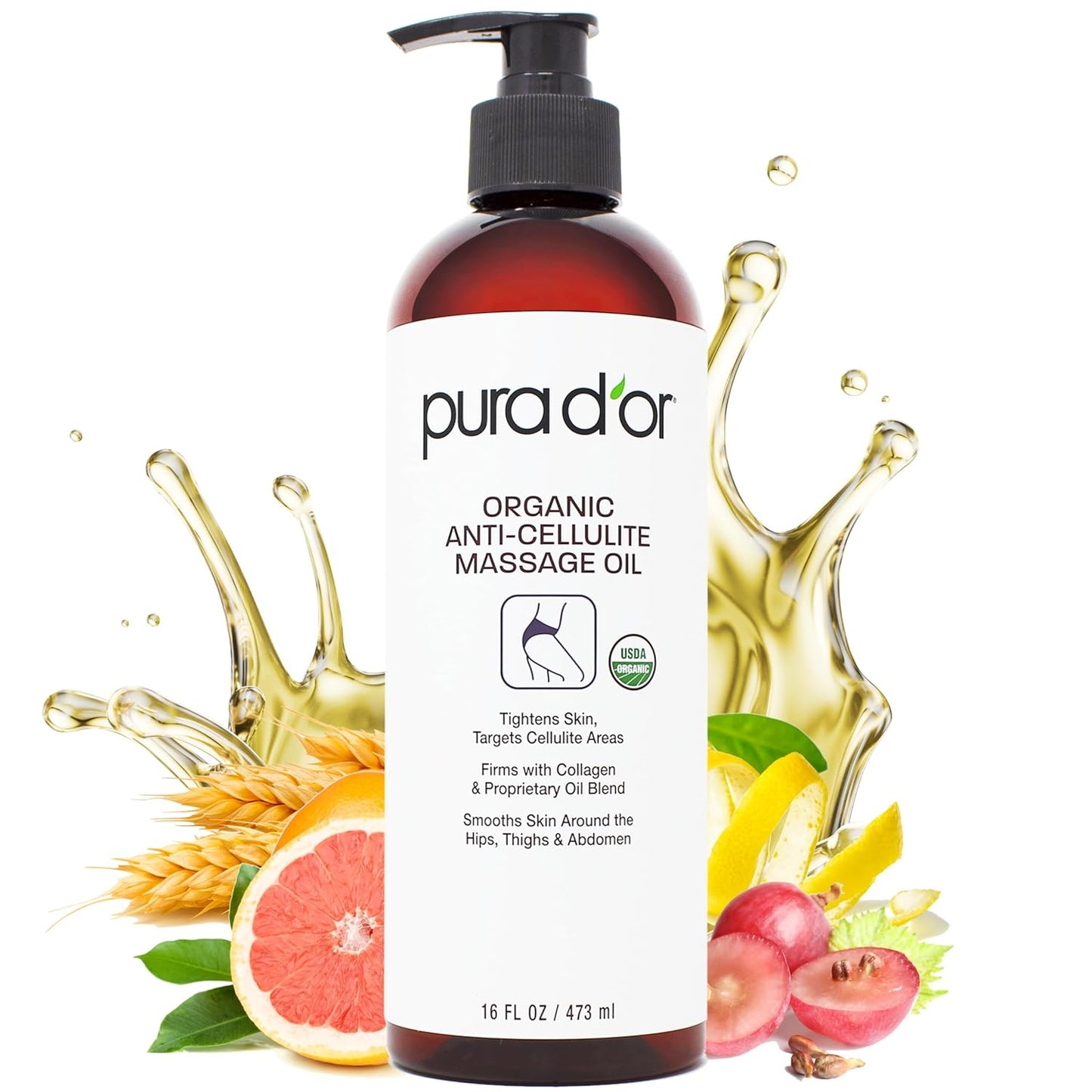 16 Oz Organic Anti-Cellulite Massage Oil - Lemon Peel, Moringa, Grape Seed, Grapefruit & Eucalyptus Oils - Skin Firming & Tightening for Active Individuals & Aging Adults