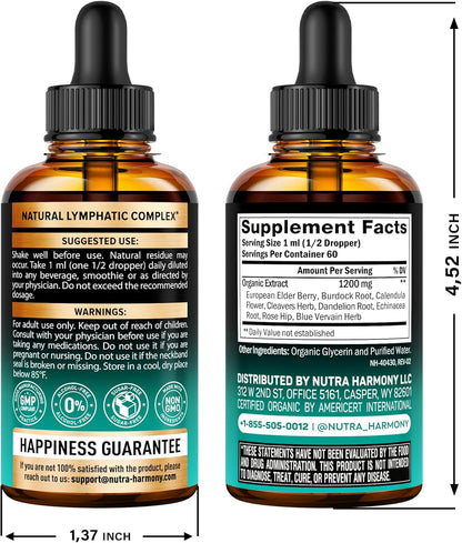 USDA Organic Lymphatic Drainage Supplement - Echinacea | Elderberry | Dandelion | Rosehip | Cleavers | Calendula | Burdock - Made in USA - Lymph System Drops - Immune Support, Cleanse & Detox, 2 Fl Oz