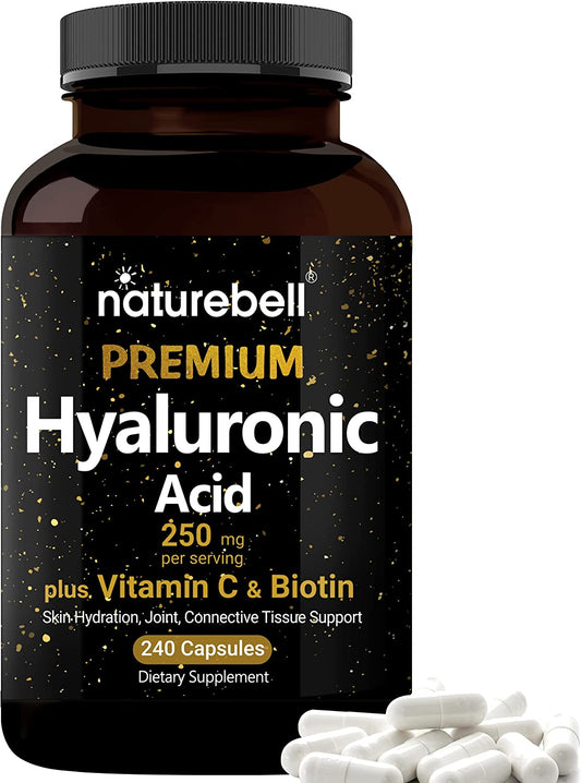 Hyaluronic Acid Supplements 250Mg | 240 Capsules, with Biotin 5000Mcg & Vitamin C 25Mg, 3 in 1 Support - Skin Hydration, Joint Lubrication, Hair and Eye Health