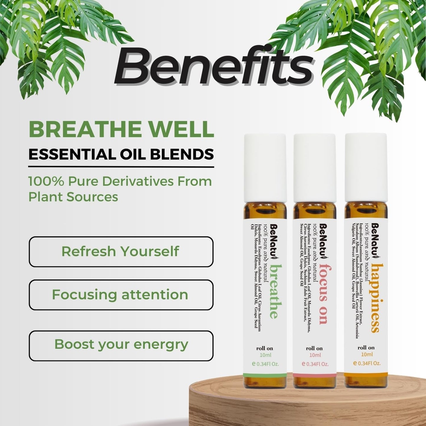Essential Oil Blends Set (Breathe, Focus On, Happiness), Natural Aromatherapy Roll on for Massage, Body Skin Care, Home - Natural Fragrance Gift Roller for Women and Men